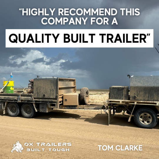 Flat Top Trailer on rural dusty australian road. Flat Top Trailers Built Tough by Ox Trailers.