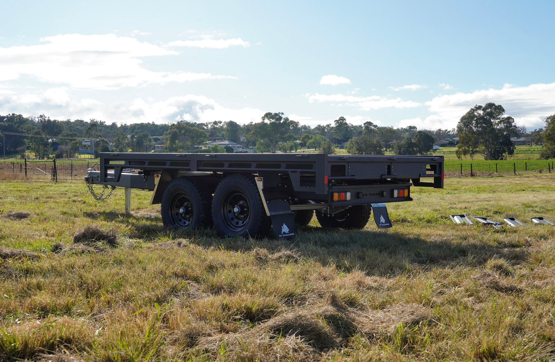 The flat deck of an ox trailer trade series flat top trailer