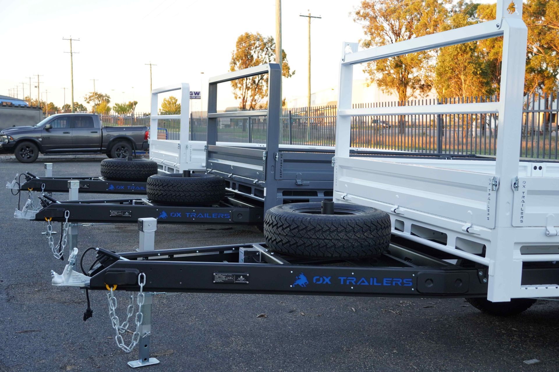 Multiple trailers lined up, showing drawbar length.