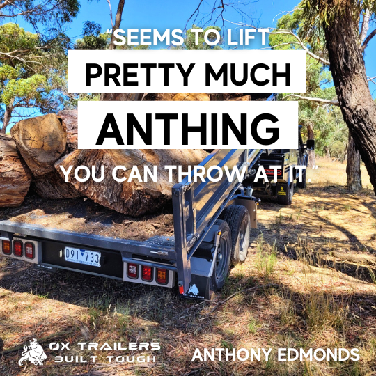 Rear Tipper Trailer tipping out full load of firewood. Built Tough Tippers by Ox Trailers