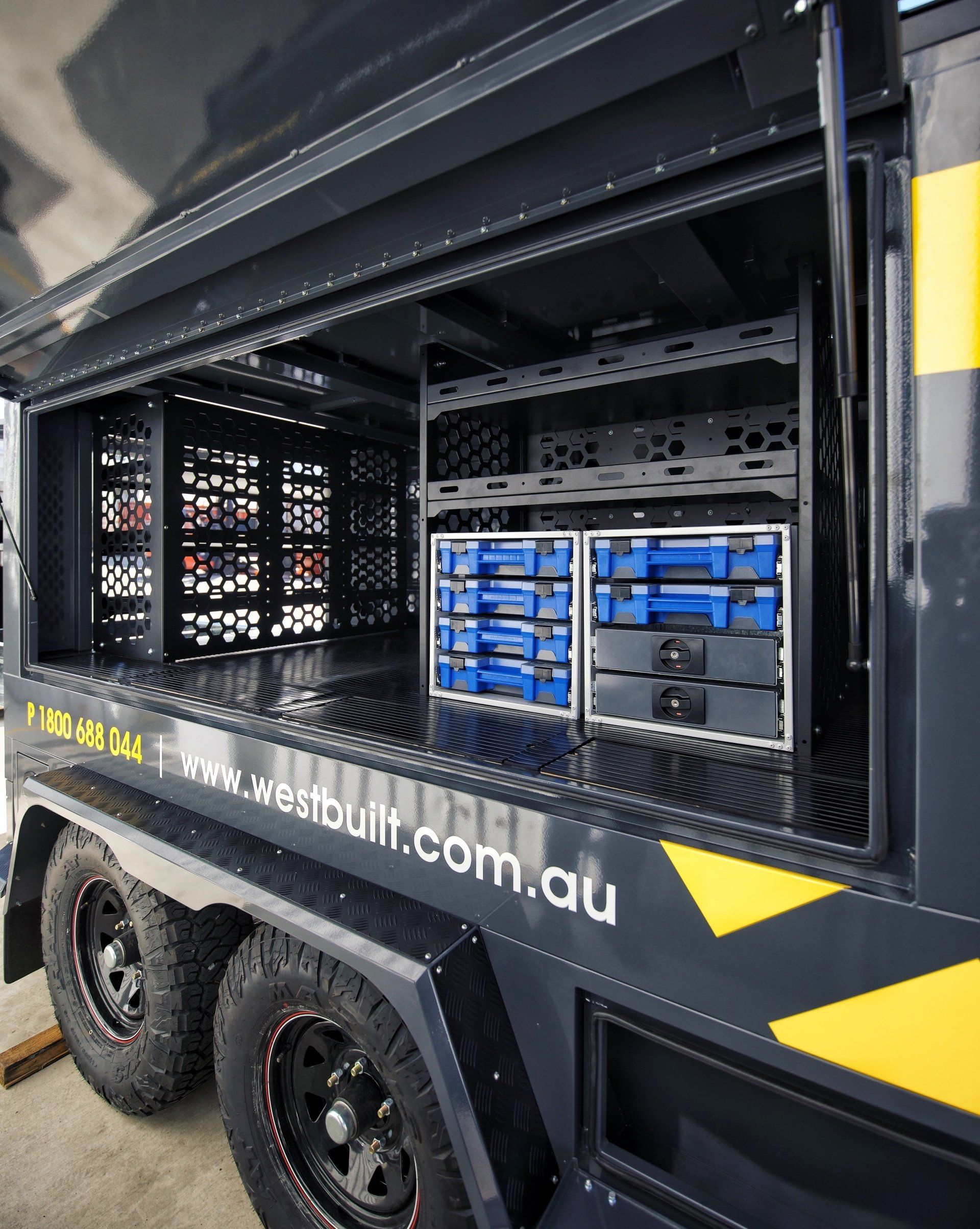 The custom storage of the builders trailer for Westbuilt Homes.