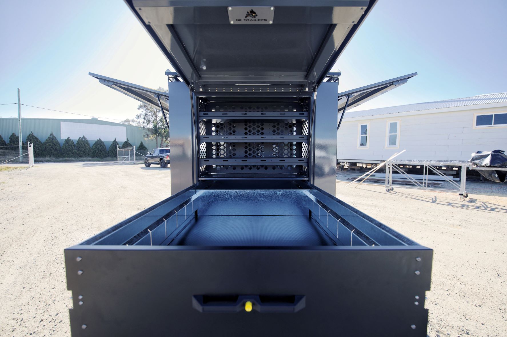 The open rear drawer of the Westbuilt Homes Builders Trailer