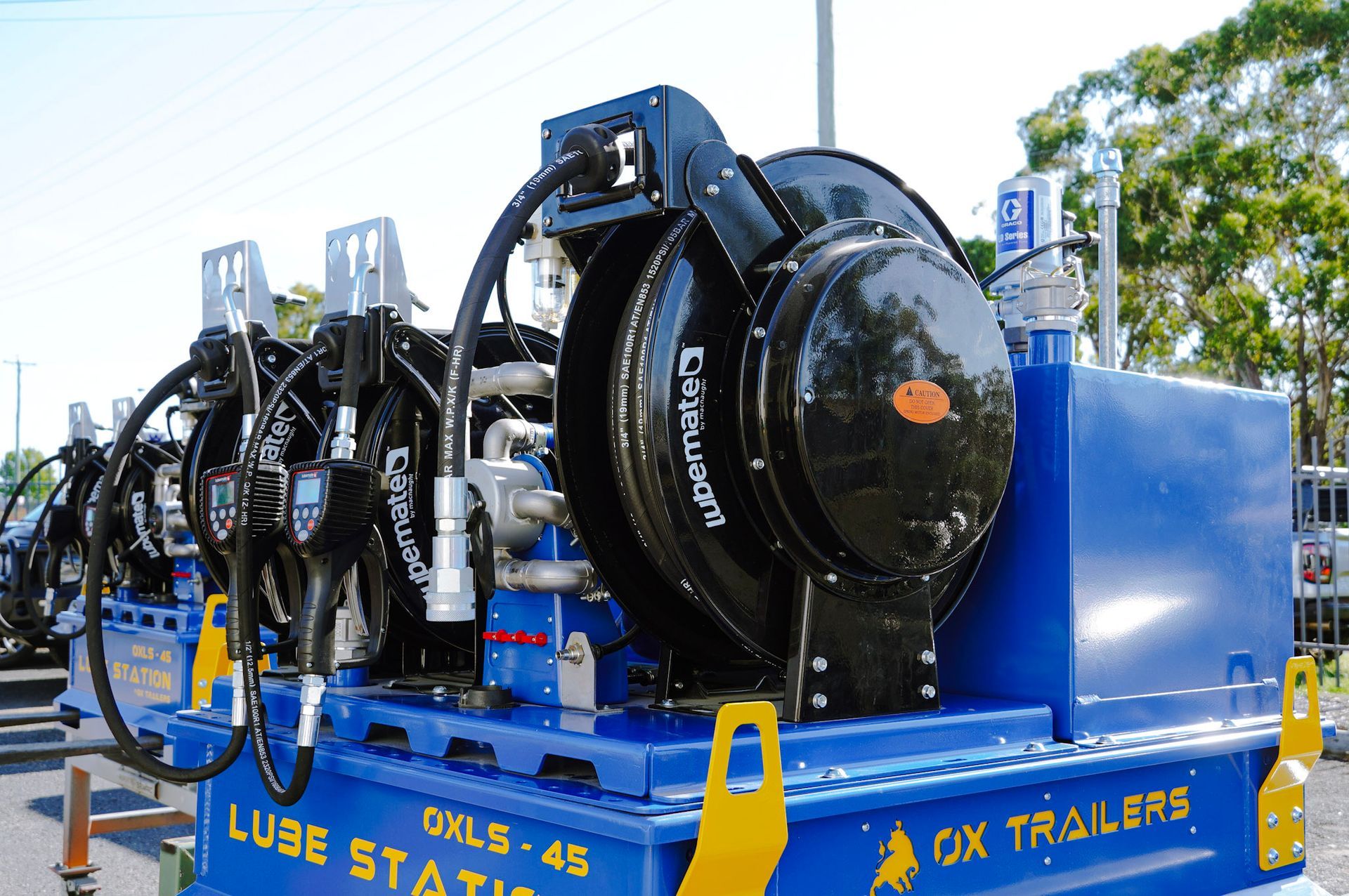 19mm thick hose reel on ox trailers customisable, self-bunded lube station. australian made lube station