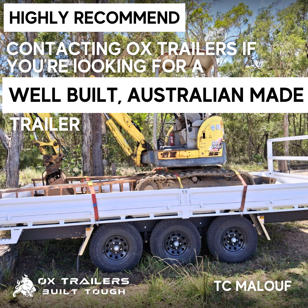 4.5t ox trailers built tri-axle flat deck trailer on farm, praised as being well built and Australian made by customer TC Malouf.