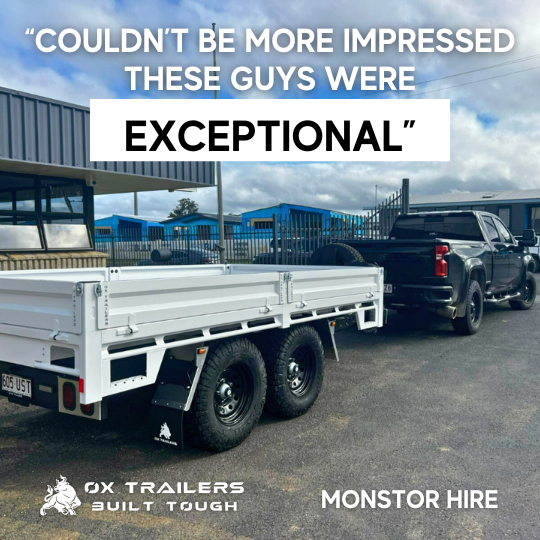 3.5t flat top trailer by ox trailers for equipment hire, praised as exceptional by customer monster hire