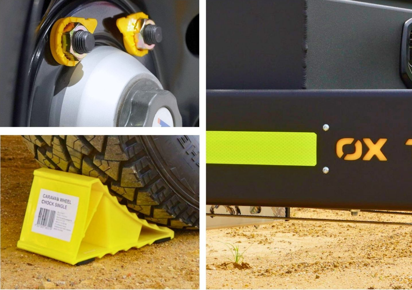 Wheel nut indicators, wheel chocks and reflective tape on an ox trailers service trailer.