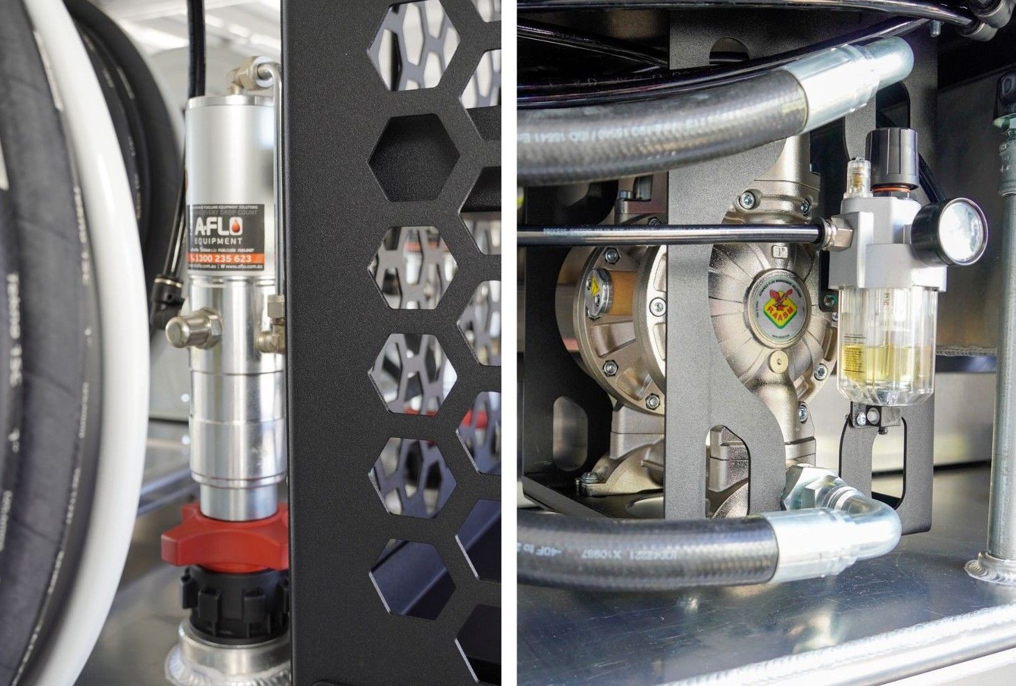 Aflo raasm new oil pump and waste oil pump installed in heavy duty australian made service trailer by ox trailers.