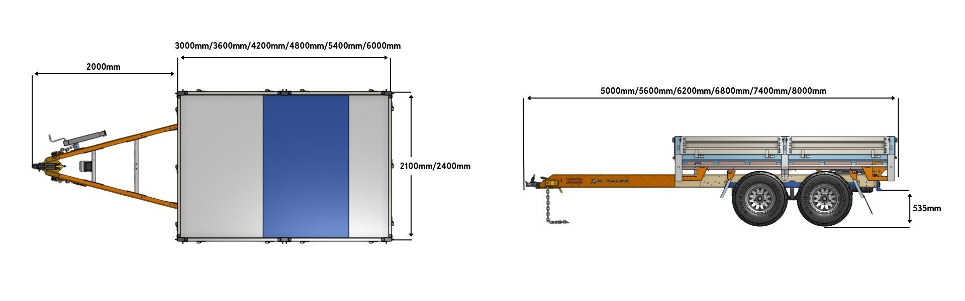 the length and widths of an ox trailers pro series flat top trailer.