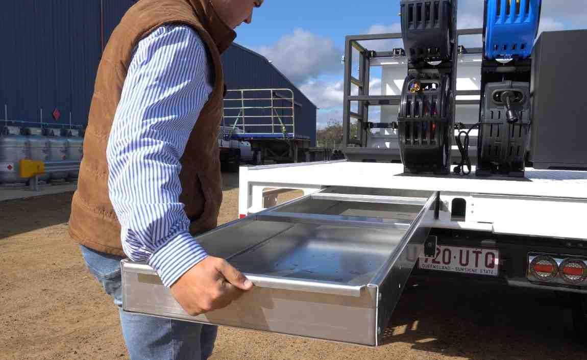 Rear slide out drawer of an Ox Flat Top Trailer