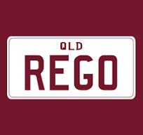 A vector of a QLD Registration plate that says QLD Rego and is surrounded by maroon.