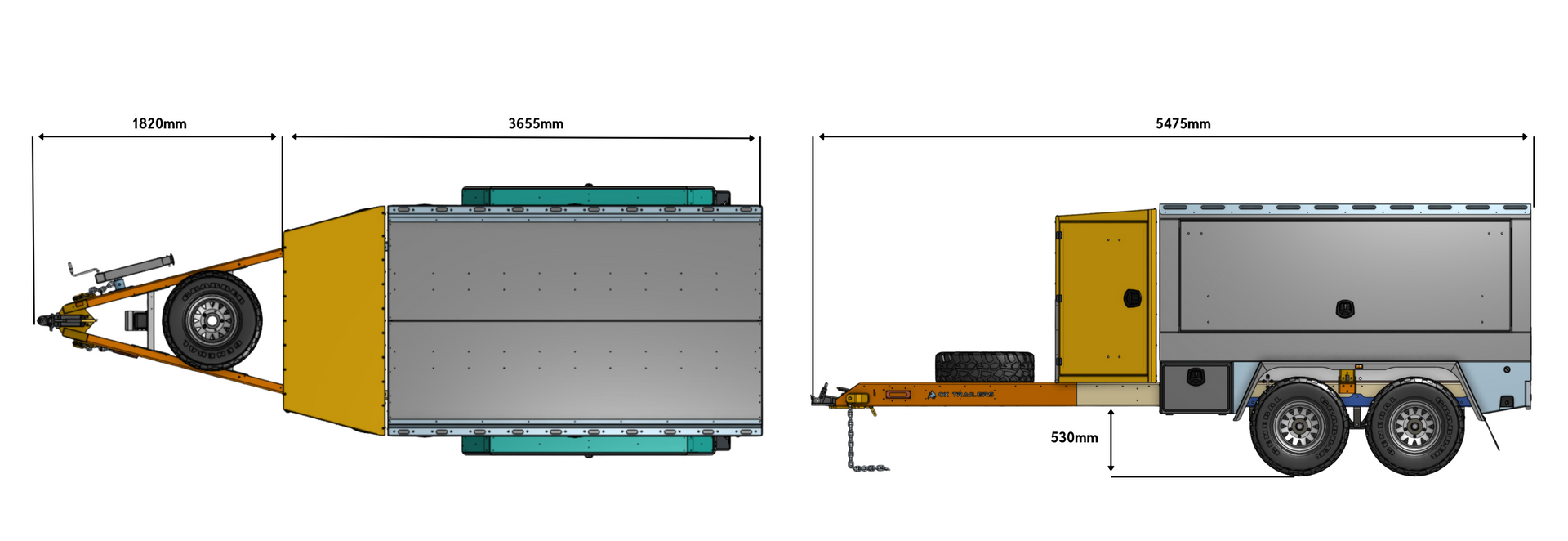 the length and widths of the ox builders trailer.