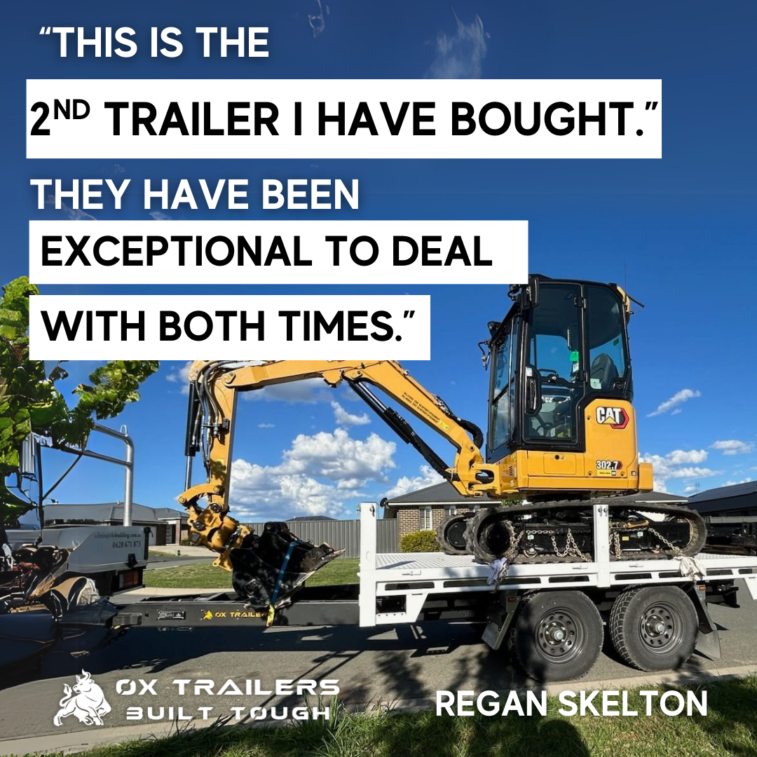 4.5t heavy duty flat top trailer built by ox trailers carrying a cat excavator, it's the 2nd trailer purchased by customer regan skelton.