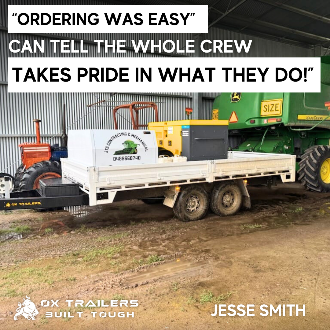 3.5t heavy duty flat deck trailer with toolboxes, built by ox trailers, praised for easy ordering by customer jesse smith.
