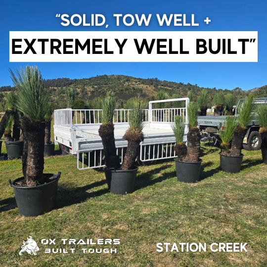 3.5t heavy duty flat deck farm trailer with cage sides built by Ox Trailers, praised as extremely well built by Danny from Station Creek
