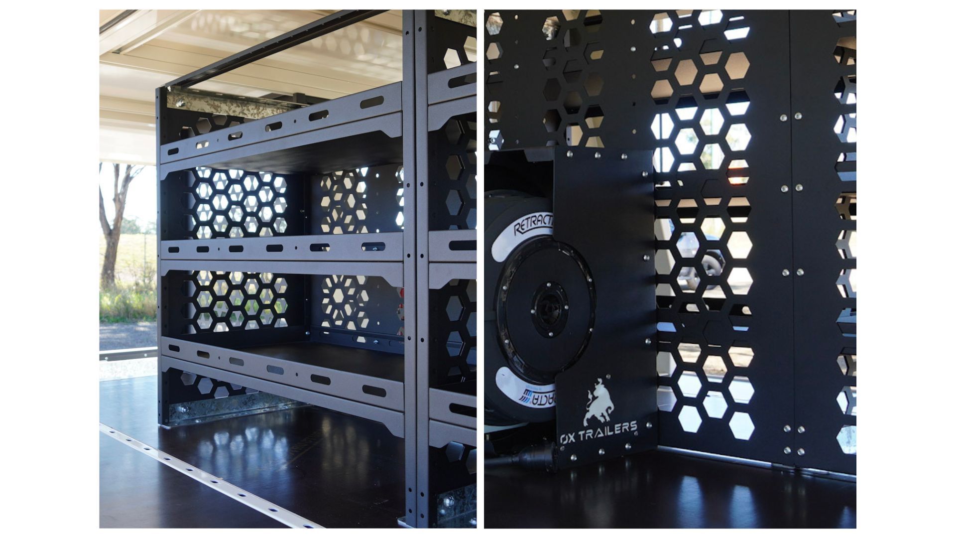Adjustable internal shelving and dividers installed into ox trailers service trailer for tool storage.
