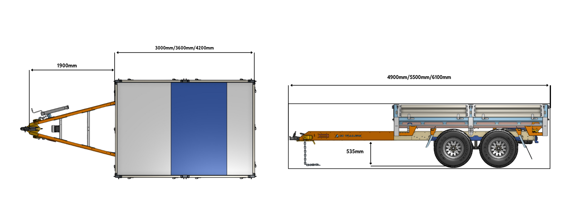 the lengths and widths of an ox pro series rear tipper trailer