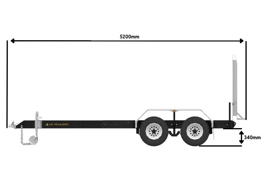 A side view of an ox trailers trade series plant trailer, depicting the overall length.