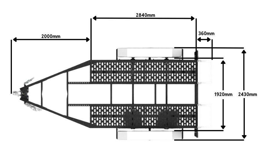 A top view of an ox trade series plant trailer, showing the deck length and width