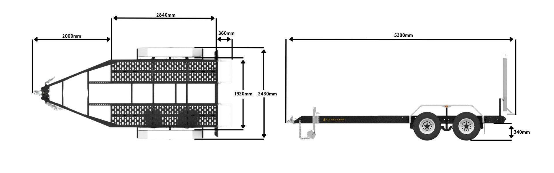 Internal and external measurements of an ox trade series plant trailer