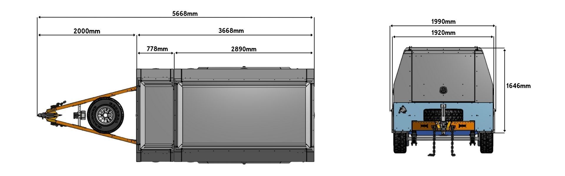 CAD drawing of ox trailers heavy duty service trailer with detailed dimensions including length, width, and height.