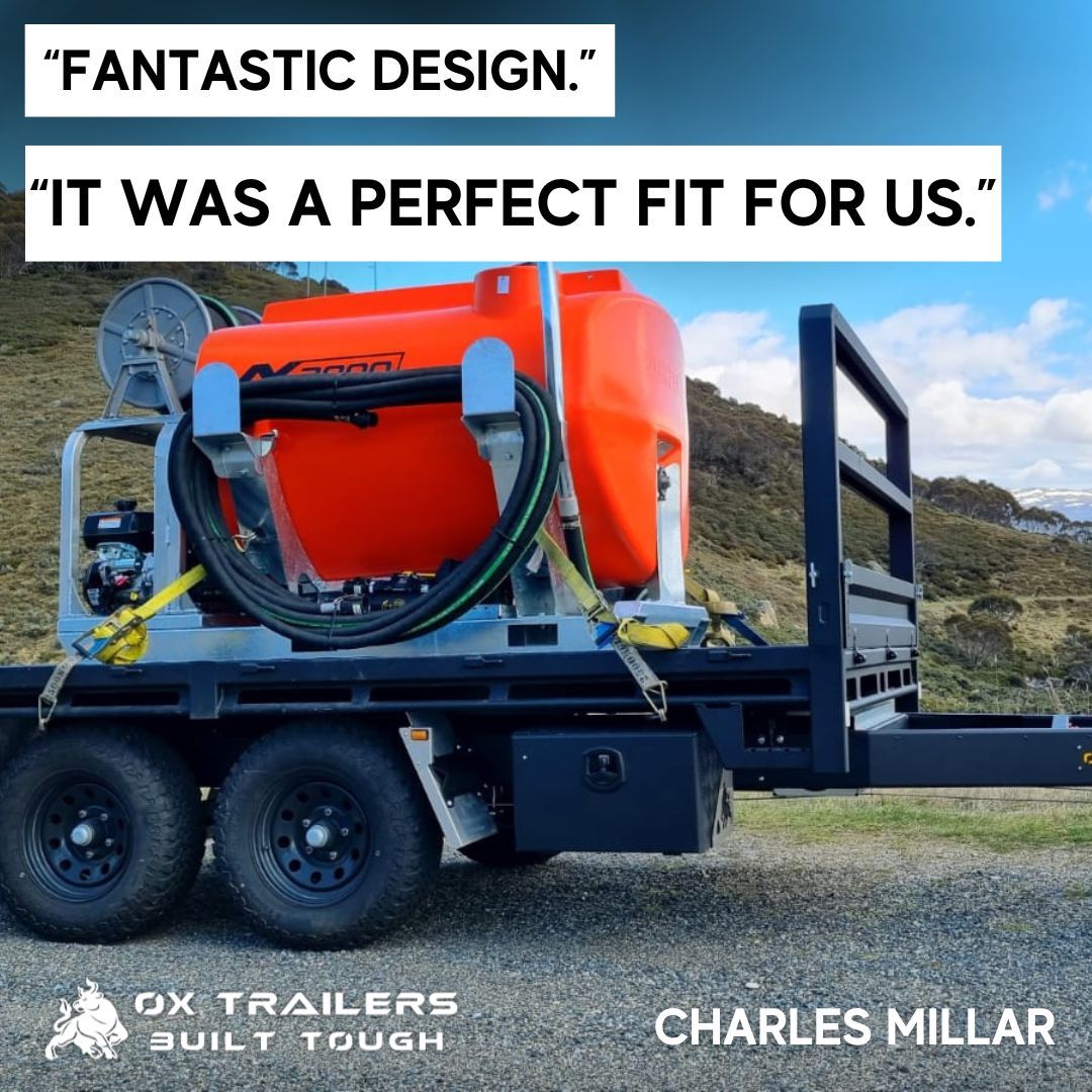 Custom Ox Trailers-built tandem axle trailer with mounted orange water tank and hose reel, praised for its fantastic design and perfect fit by customer Charles Millar