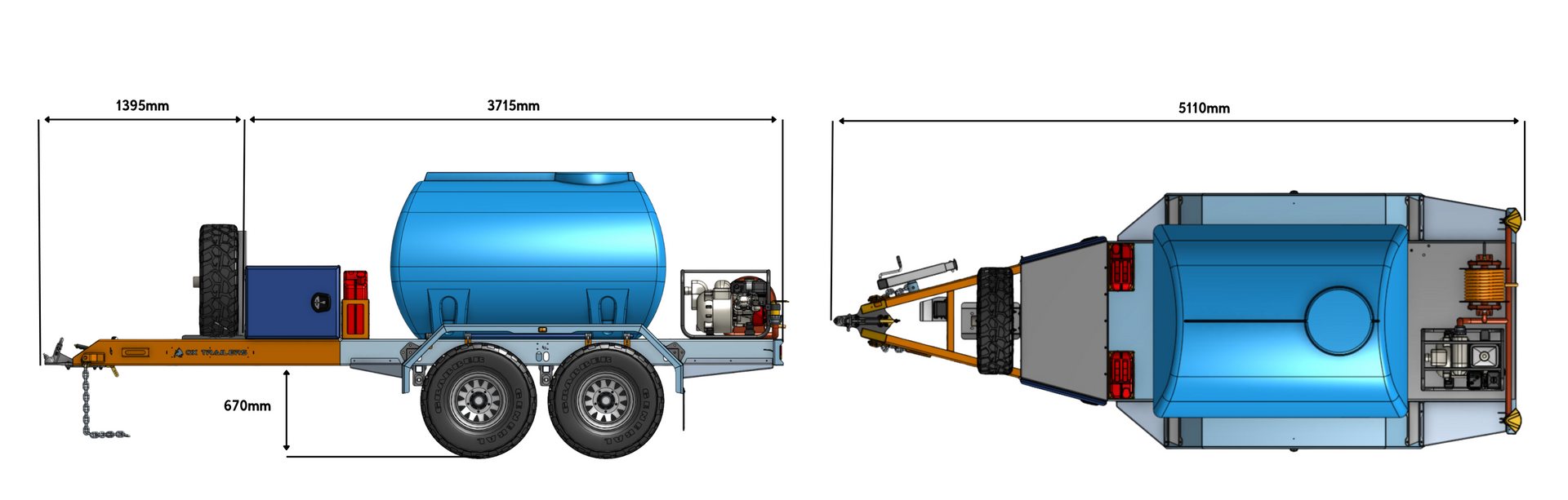 the lengths and height of an ox water trailer