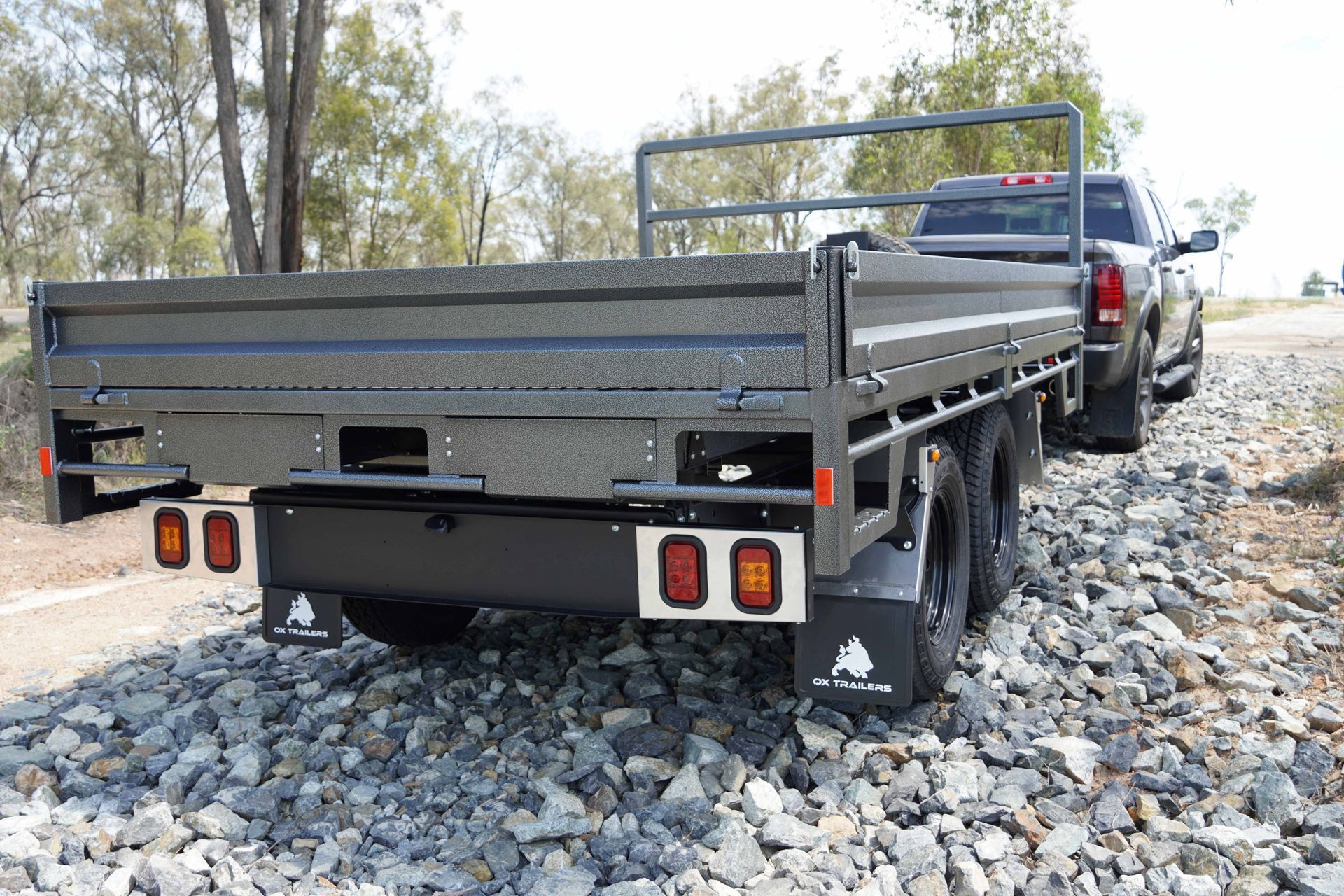 A standard ox flat-top trailer from the rear.
