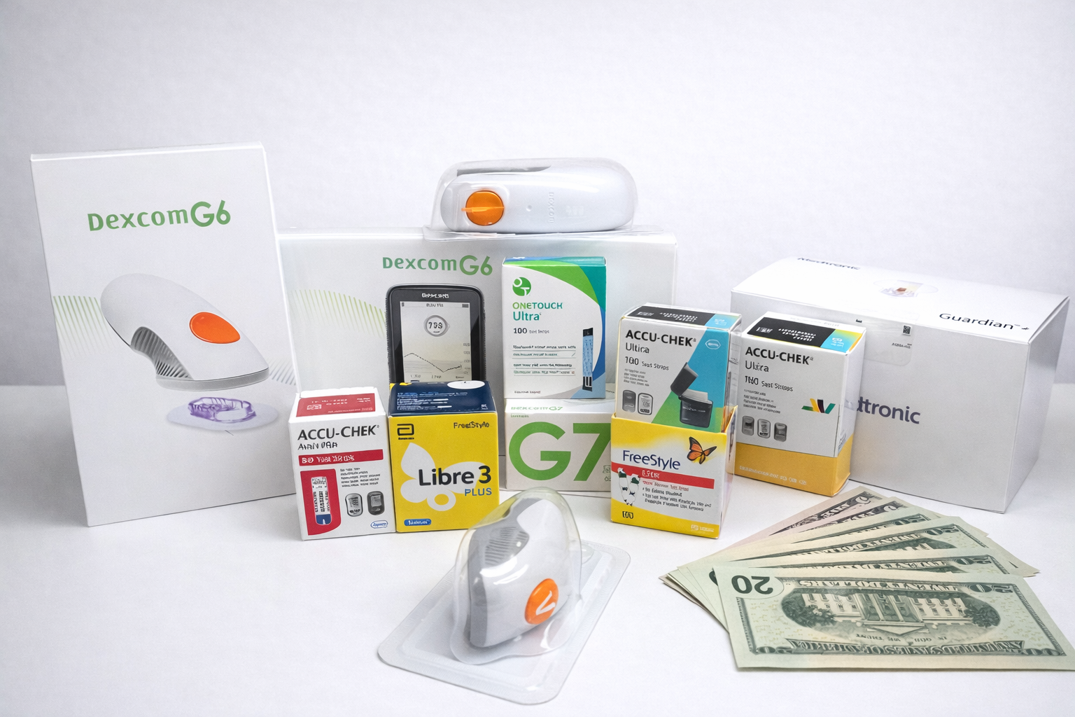 Boxes of medical devices and cash on a white surface; includes Dexcom G6, G7, and Libre 3 products.