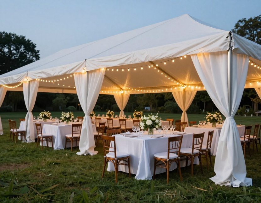 Professional party setup with tent and lighting