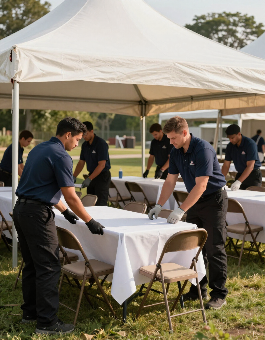 Delivery and setup crew arranging event equipment