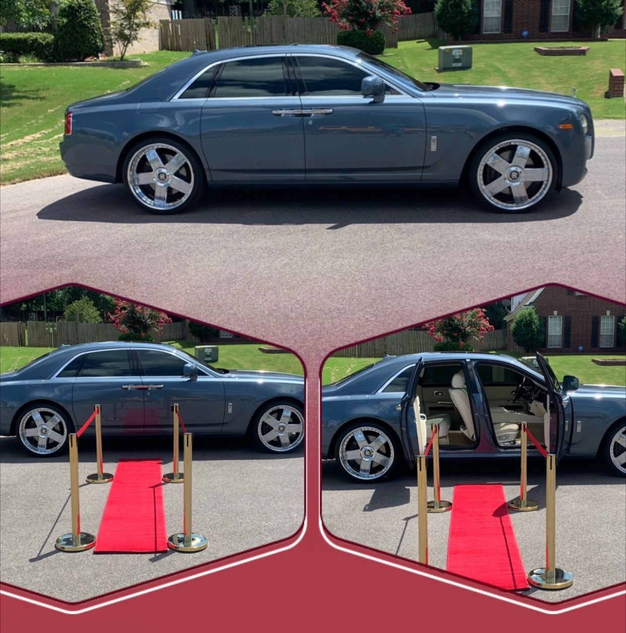 Gray sedan on a street, shown with a portable wheelchair ramp deployed to the open rear door.