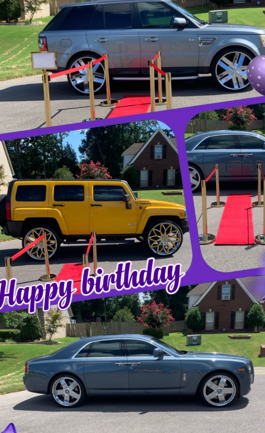 Birthday collage of a silver Mercedes and a yellow Hummer with red decorations and “Happy birthday” text