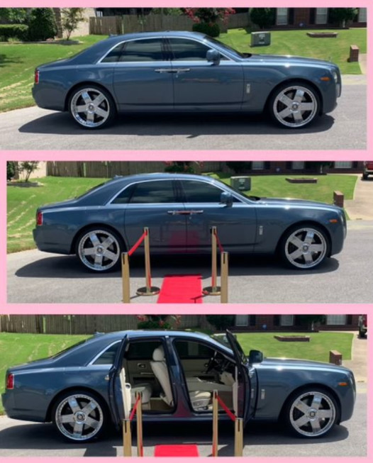 Blue coupe with center door seat mechanism, shown closed and then open with interior visible on a driveway