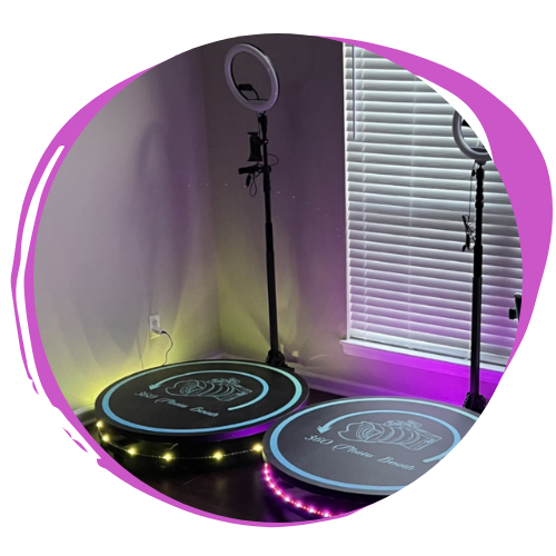 LED-lit home workout setup with two circular balance platforms, ring light, and window blinds in a corner room