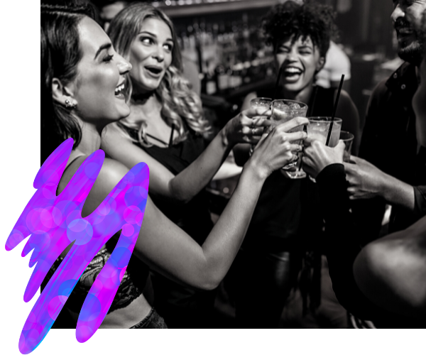 Friends laughing and toasting drinks at a lively black-and-white party, with one bright pink scribble overlay.