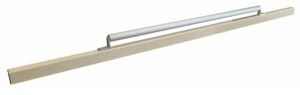 A long piece of wood with a metal handle on a white background.