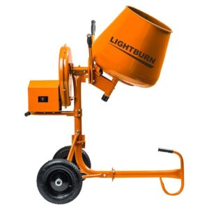 An orange lightburn concrete mixer on wheels