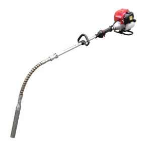 A concrete vibrator with a hose attached to it on a white background.