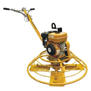 A yellow concrete trowel with a yellow engine