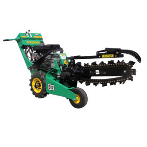 A green and yellow tractor with a chainsaw attached to it.