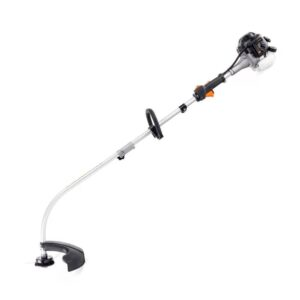 A lawn mower with a long handle on a white background.