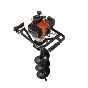 A close up of a drill on a white background