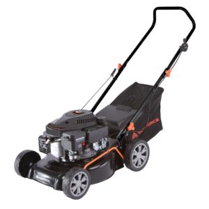 A black lawn mower is sitting on a white surface.