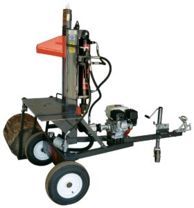 A log splitter is attached to a trailer with wheels