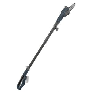 A pole saw with a chain attached to it on a white background.
