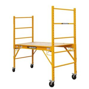 A yellow scaffolding with wheels on a white background