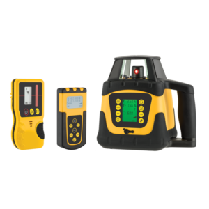 A yellow and black laser level with a remote control