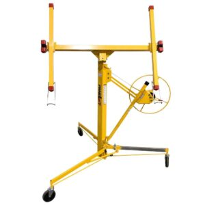 A yellow item with wheels and red handles on a white background
