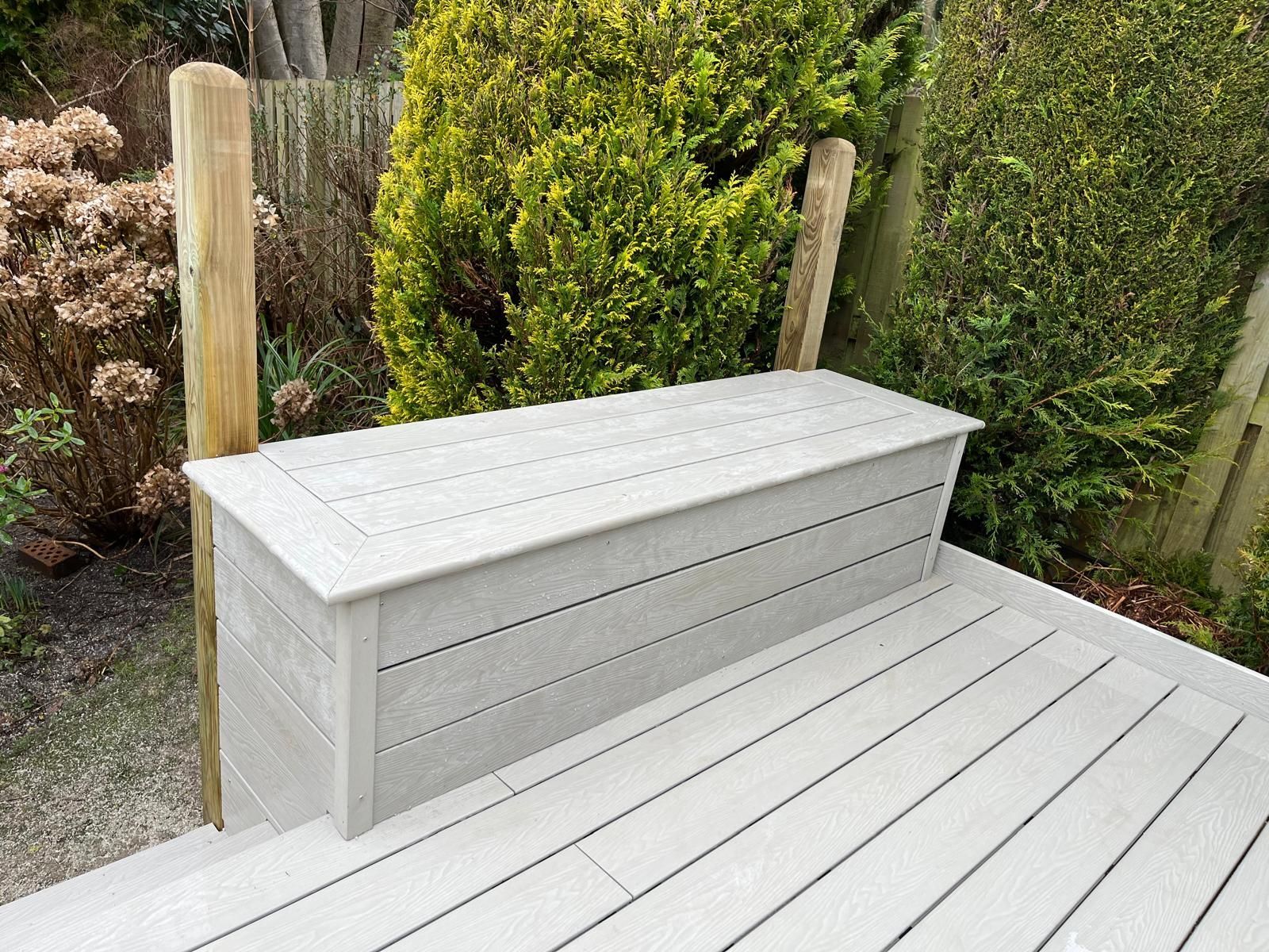 Zest Decking Grimsby - light grey composite decking made into a storage seat