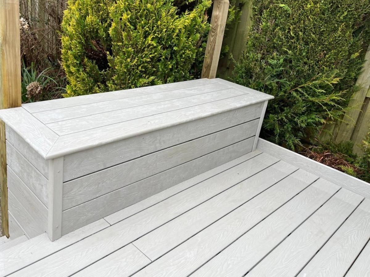 Zest Decking Mexborough - light grey composite decking made into a storage seat
